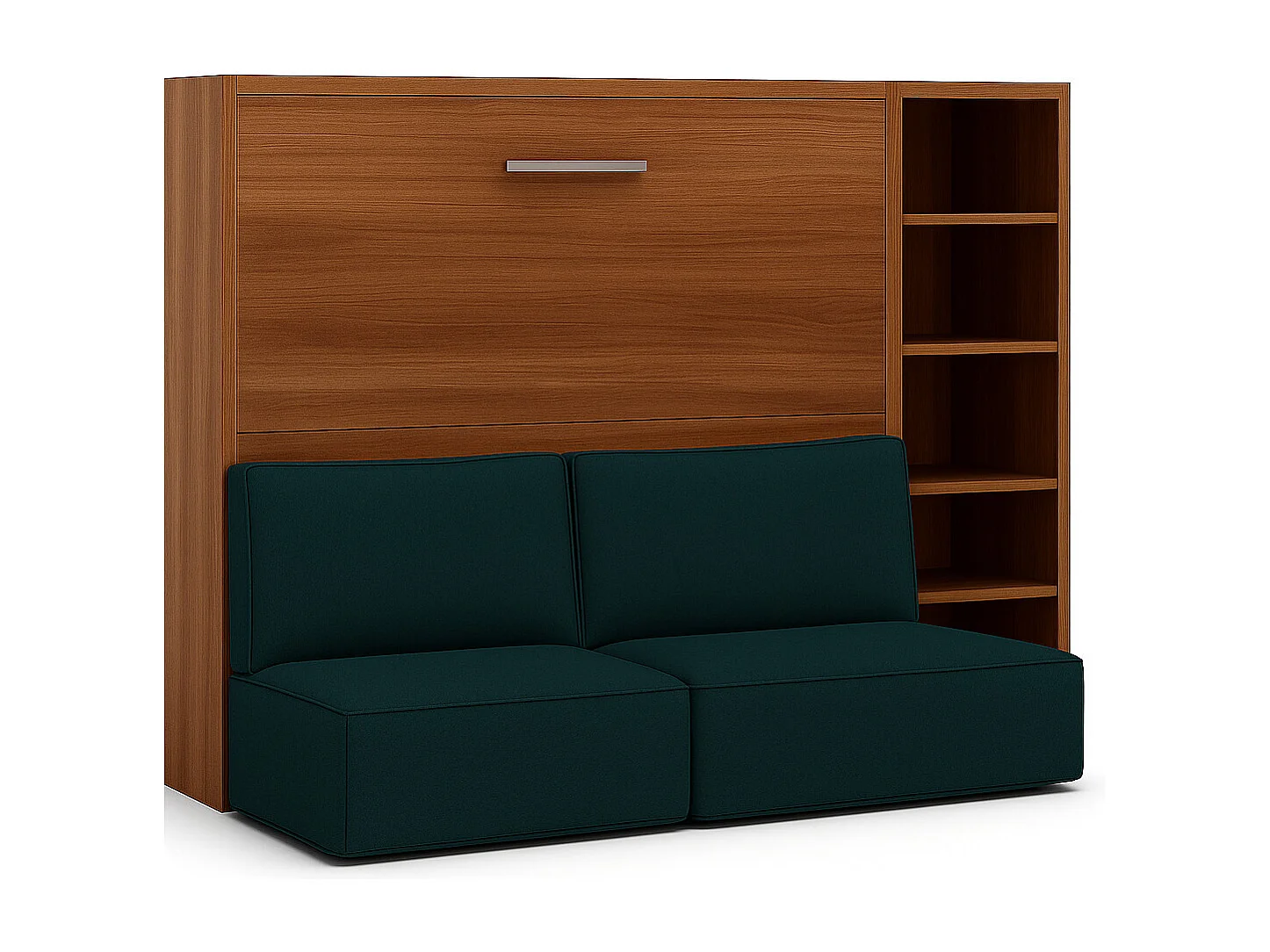 Cama abatible horizontal con banqueta LOGIA-160x200 cm-Sofá Azul pato-Estructura y fachada Nogal-Versión cama+sofá+estantería