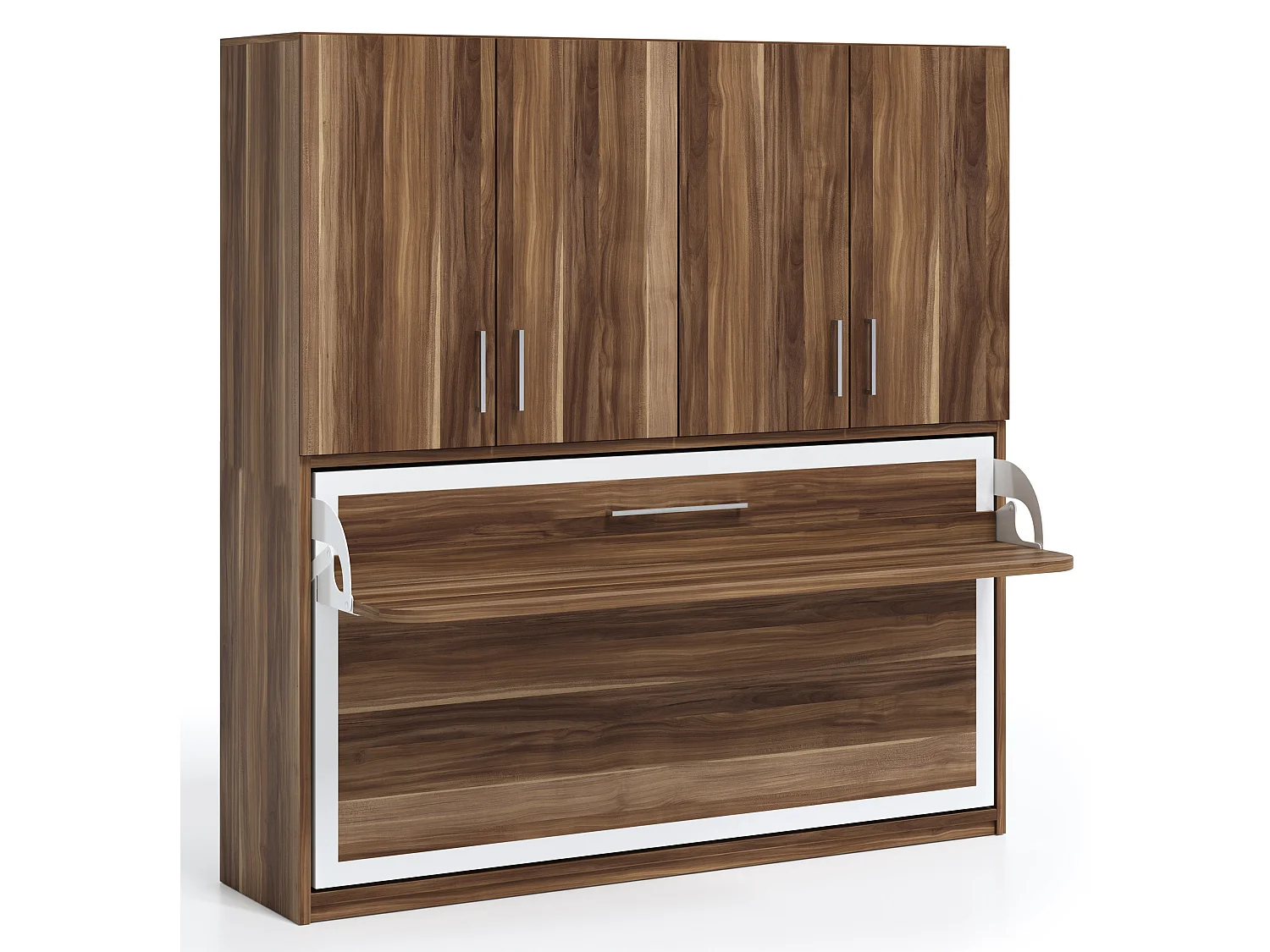 Lit escamotable horizontal 90x180 bureau et armoire 4 portes Spako-Gris ciment-Profondeur 34.5cm