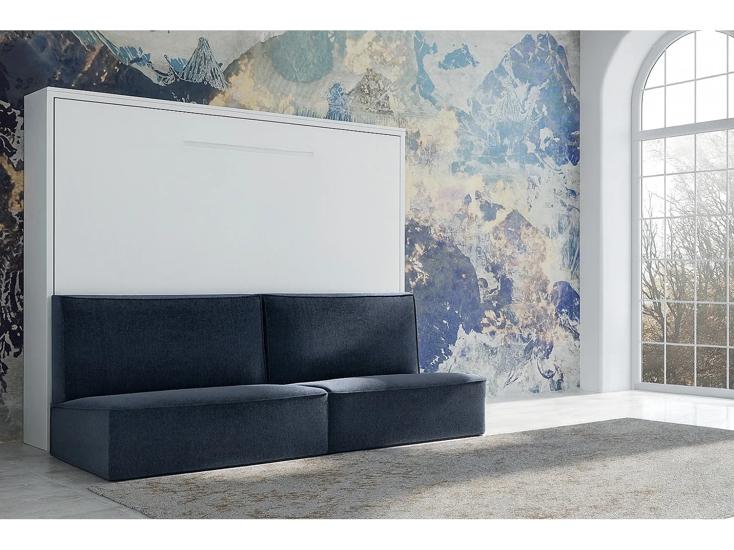 Lit escamotable horizontal LOGIA-140x190-Canapé Bleu marine-Structure Blanche-Version lit+canapé