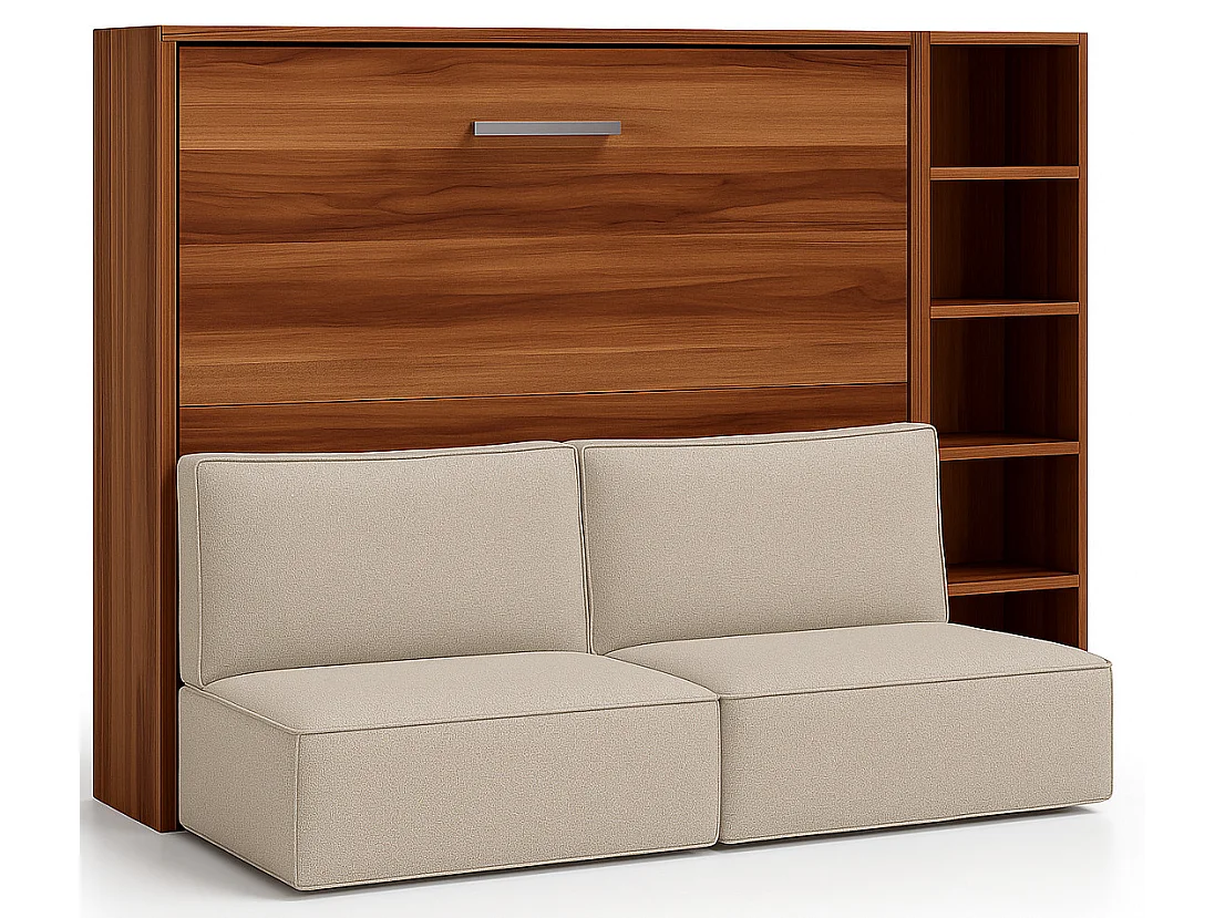 Cama abatible horizontal con banqueta LOGIA-160x200 cm-Sofá Beige-Estructura y fachada Nogal-Versión cama+sofá+estantería