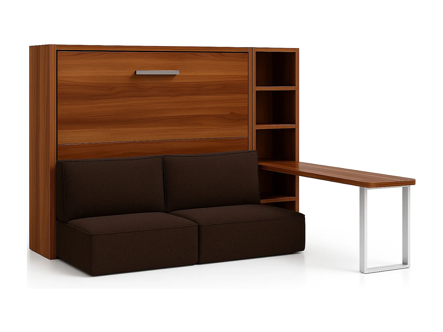 Lit escamotable horizontal LOGIA-140x190-Canapé Marron-Structure Noyer-Version lit+canapé+étagère+bureau