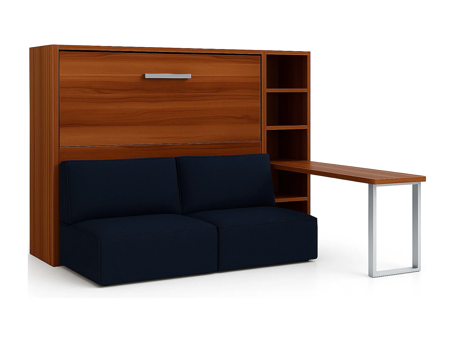 Horizontaal opklapbed met bank LOGIA-160x200cm-Bank marineblauw-Structuur en gevel Okkernoot-Versie bed+bank+plank+bureau