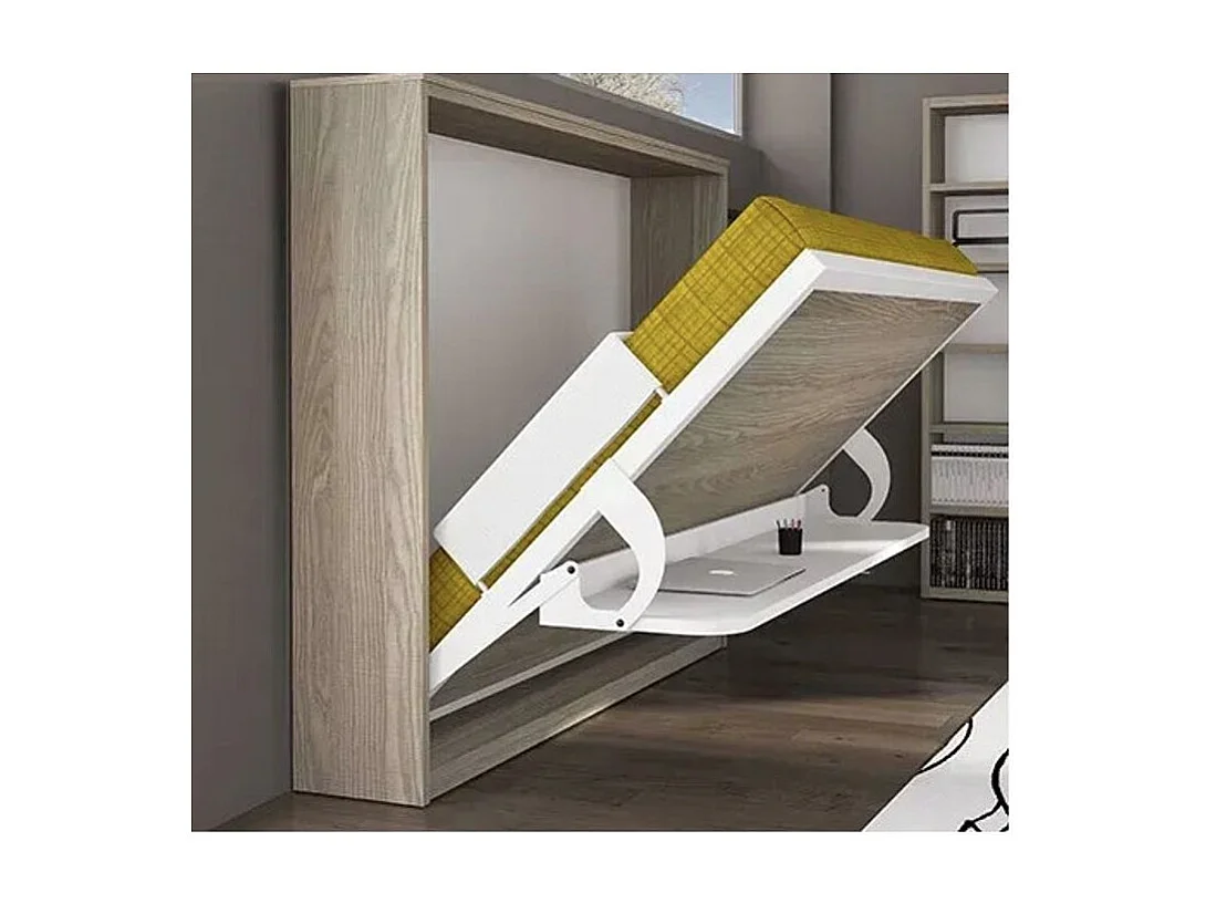 Cama abatible horizontal 90x200 con escritorio y armario de 4 puertas Spako Gama Alta-Roble claro-Profundidad 34.5cm