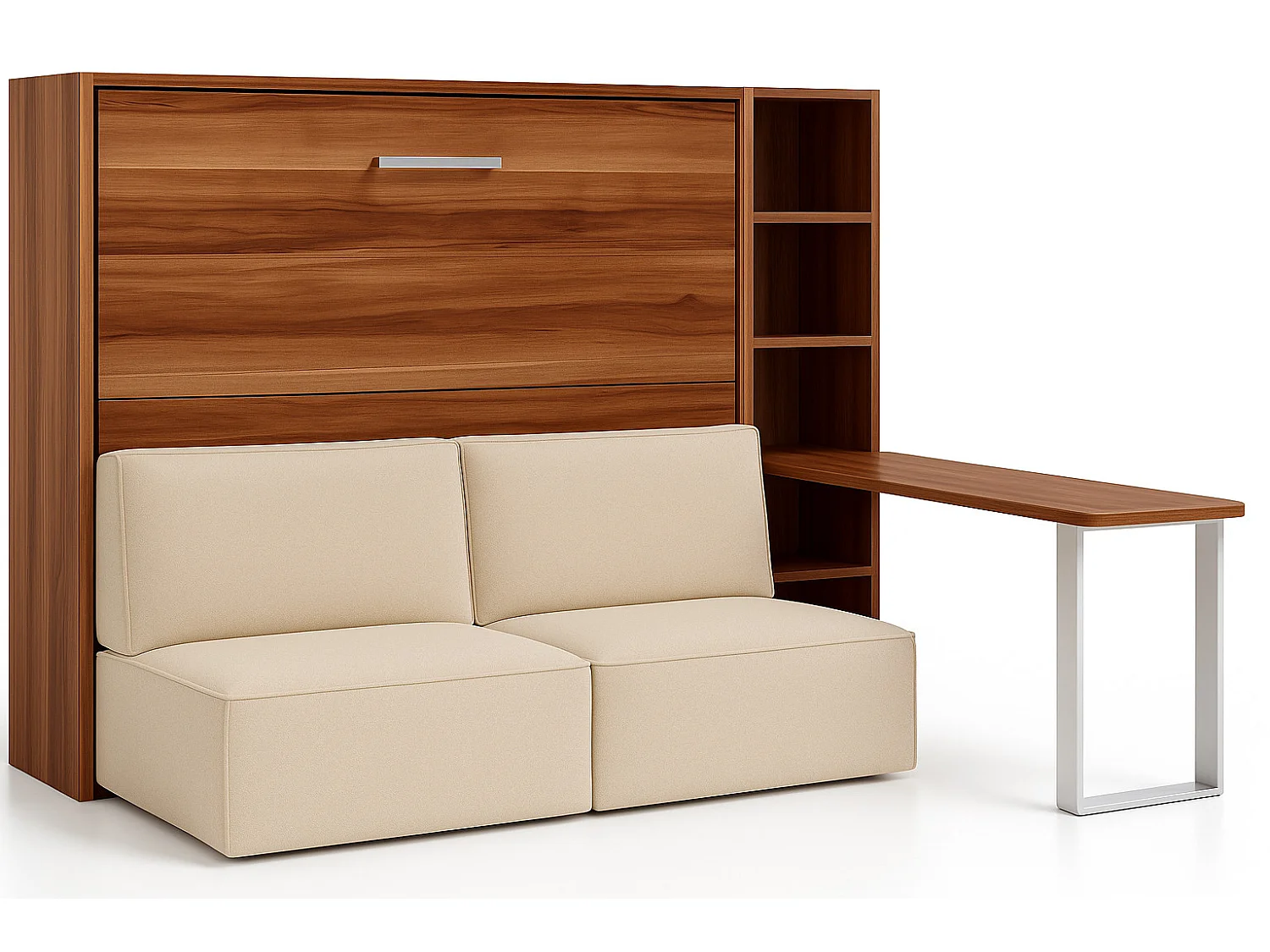 Cama abatible horizontal con banqueta LOGIA-160x200 cm-Sofá Natural-Estructura y fachada Nogal-Versión cama+sofá+estantería+escritorio