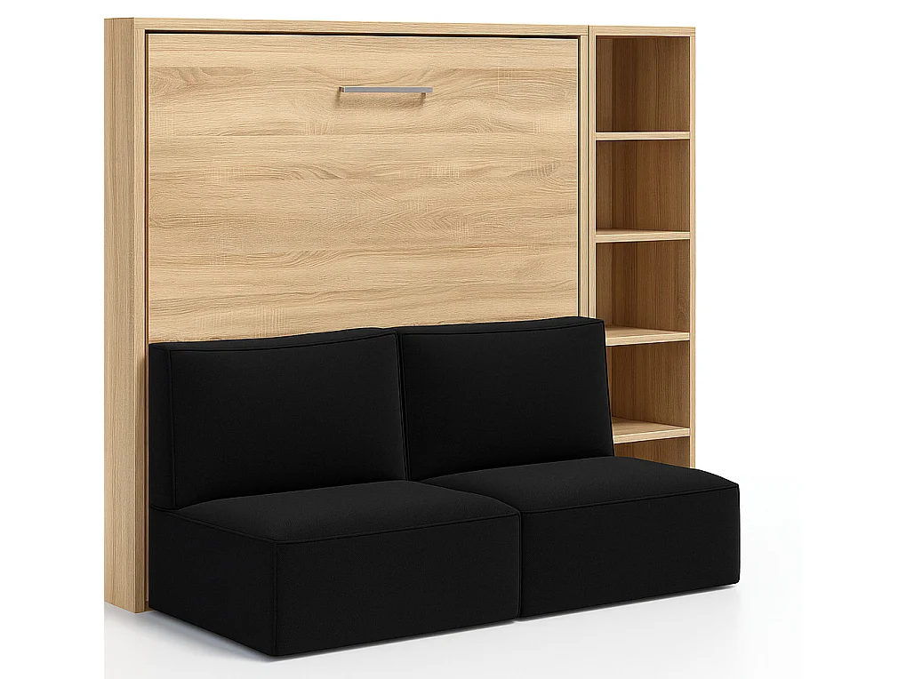 Horizontaal opklapbed met bank LOGIA-160x200cm-Bank Zwart-Structuur en gevel Licht eiken-Versie bed+bank+plank