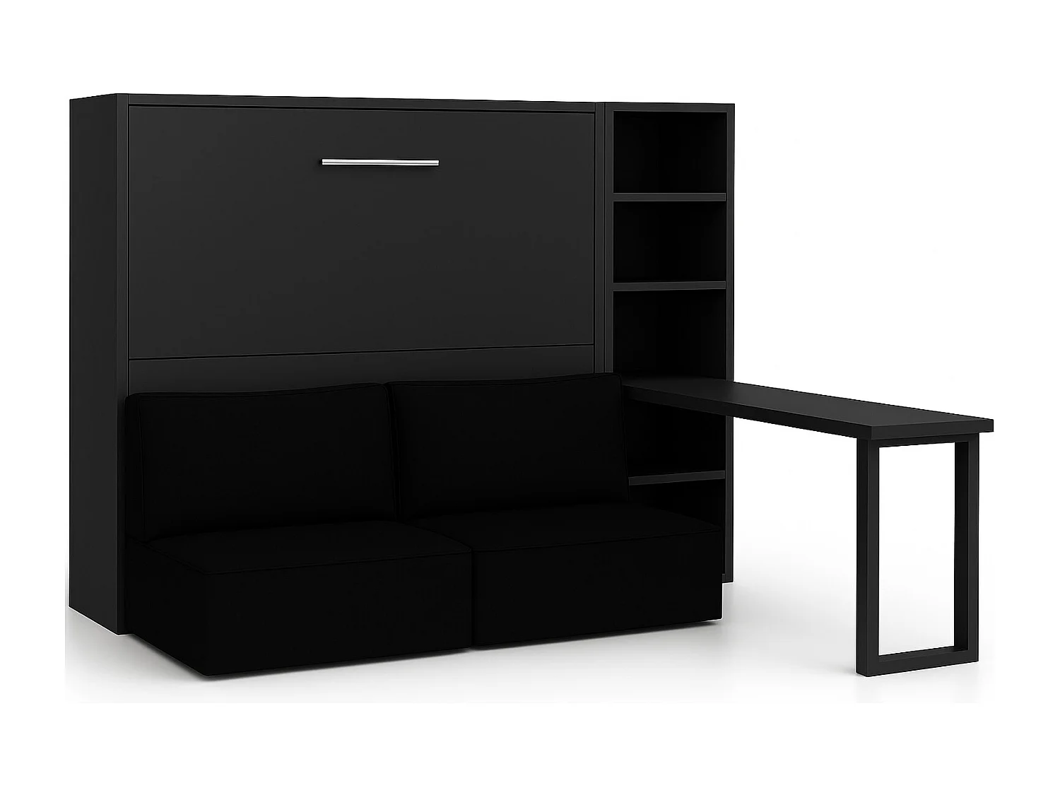 Lit escamotable horizontal LOGIA-160x200-Canapé Noir-Structure Anthracite-Version lit+canapé+étagère+bureau