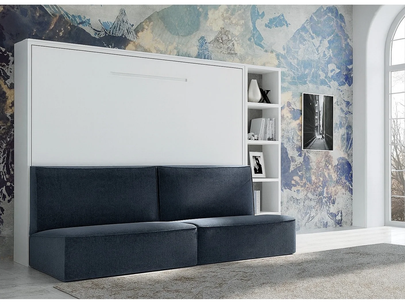 Lit escamotable horizontal LOGIA-160x200-Canapé Gris foncé-Structure Blanche-Version lit+canapé+étagère