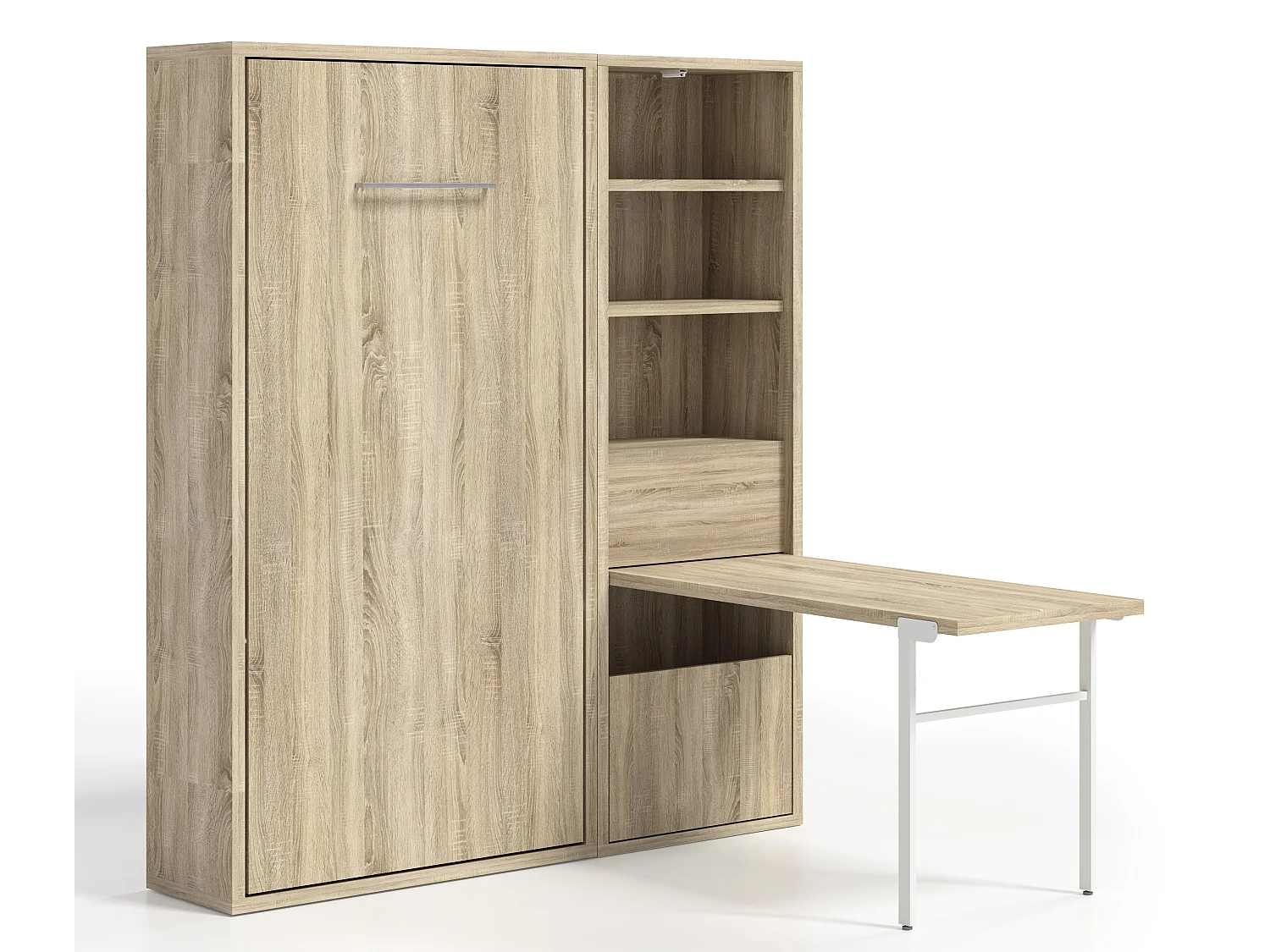 Lit escamotable vertical 90x190 avec armoire et bureau Kampo-Avec matelas-Cadre Gris ciment-Façade Gris ciment