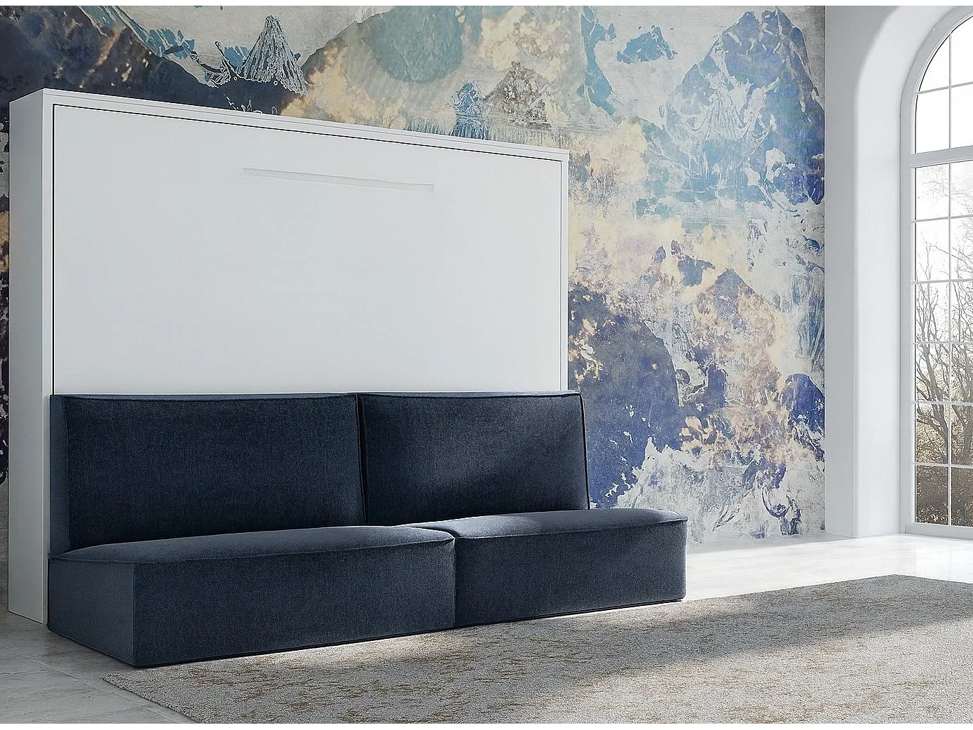 Lit escamotable horizontal LOGIA-140x190-Canapé Bleu canard-Structure Blanche-Version lit+canapé+étagère