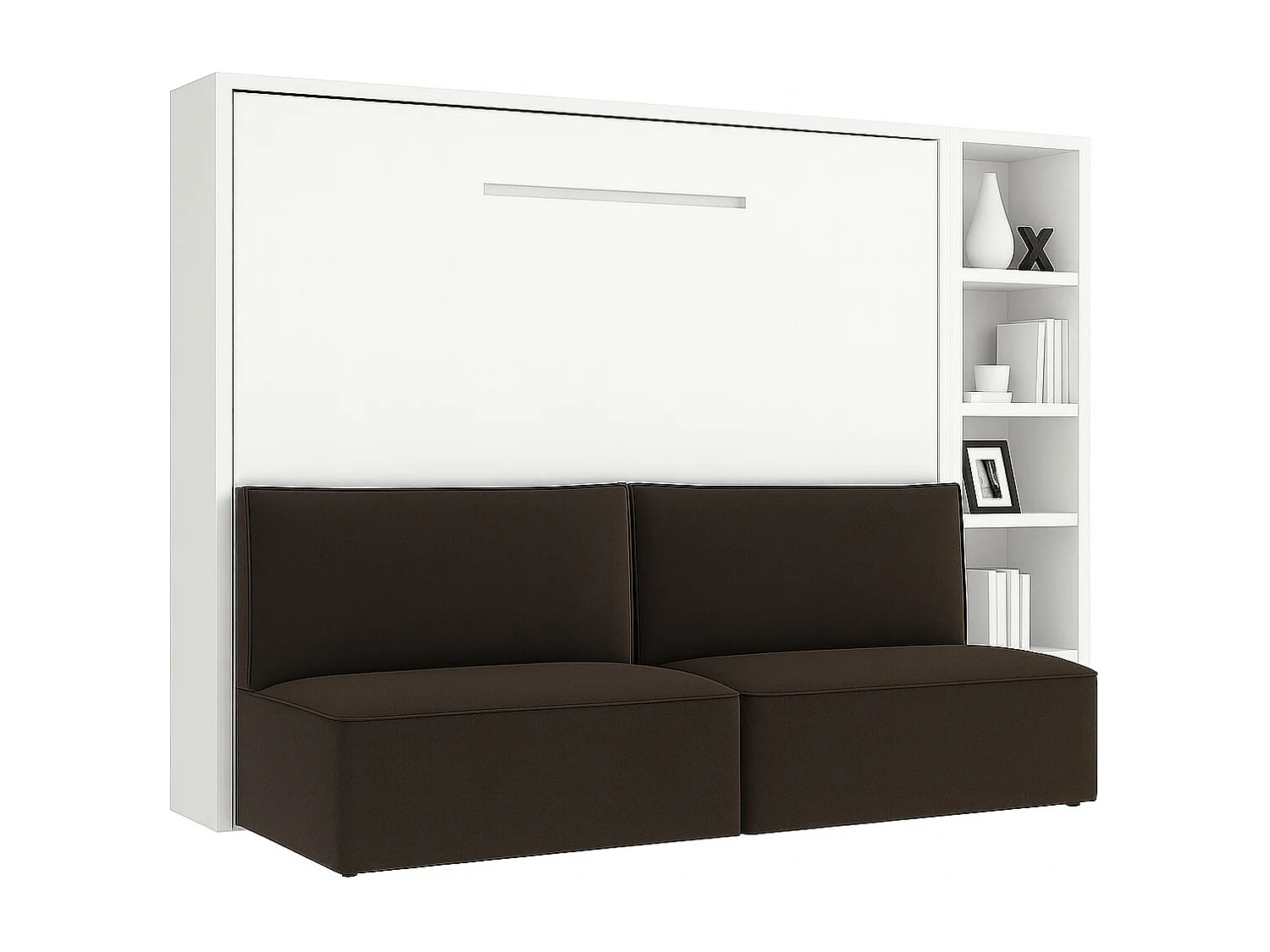 Horizontaal opklapbed met bank LOGIA-140x190cm-Bank Donker bruin-Structuur en gevel Wit-Versie bed+bank+plank