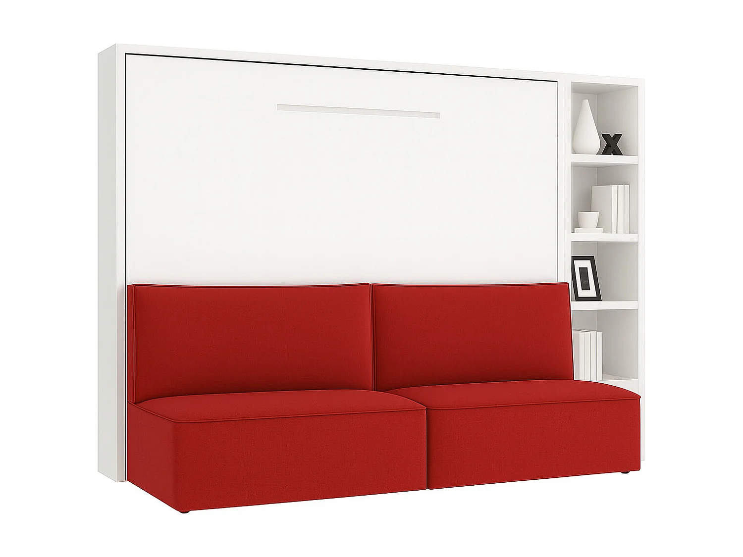Cama abatible horizontal con banqueta LOGIA-160x200 cm-Sofá Rojo-Estructura y fachada Blanche-Versión cama+sofá+estantería