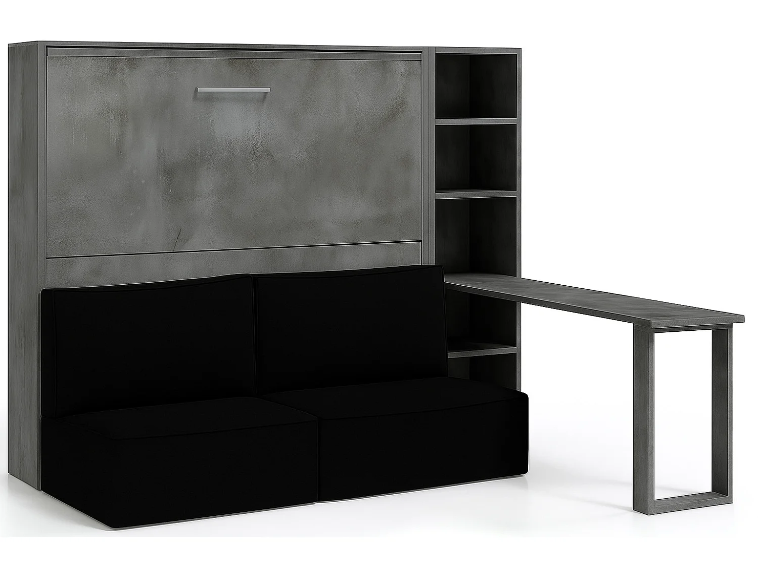 Lit escamotable horizontal LOGIA-140x190-Canapé Noir-Structure Gris ciment-Version lit+canapé+étagère+bureau