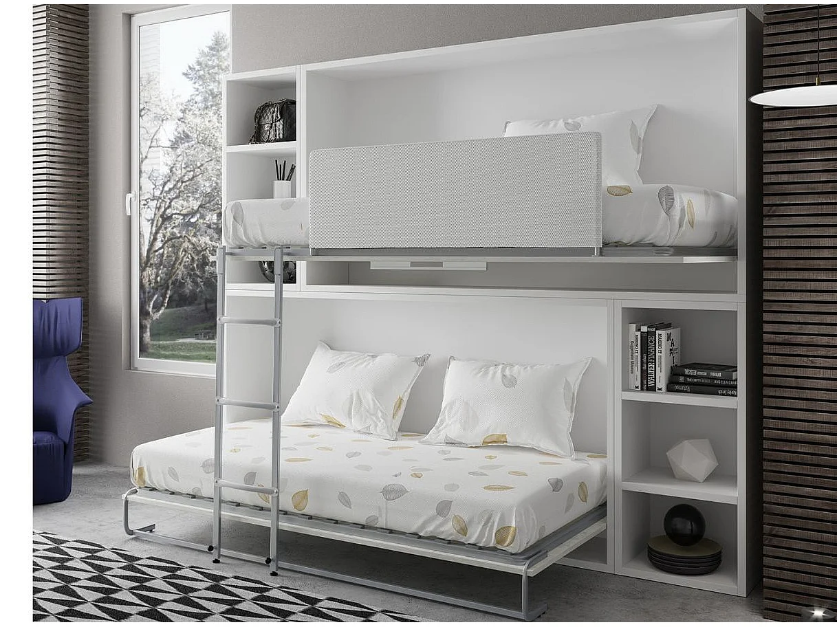 Lit escamotable superposé avec niches de rangement Briano-2 matelas-90x190-Cadre Blanc-Façade Blanche