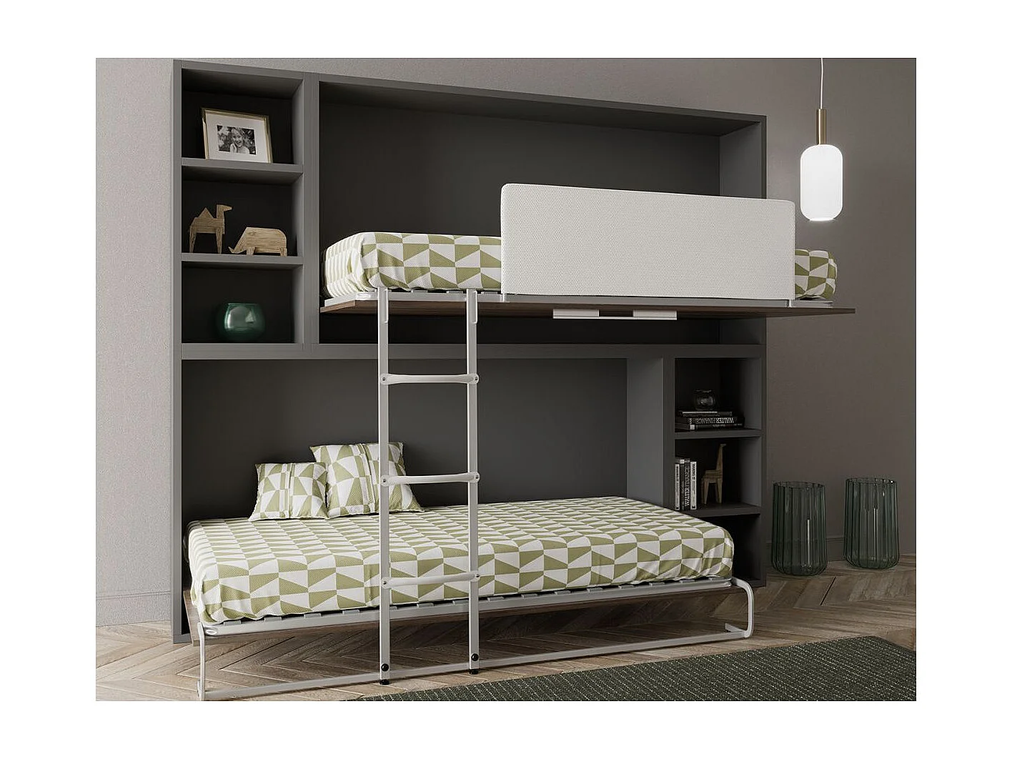 Lit escamotable superposé avec niches de rangement Briano-2 matelas-90x190-Cadre Blanc-Façade Blanche