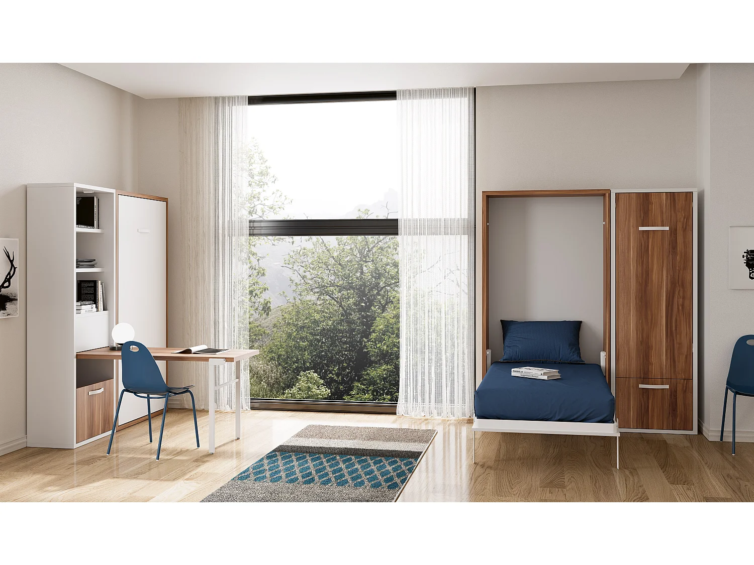 Lit escamotable vertical 140x190 avec armoire et bureau Kampo-Avec matelas-Cadre Glacial 3D-Façade Glacial 3D