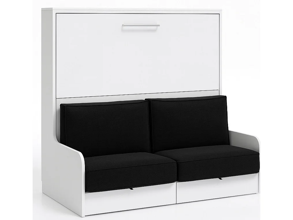 Lit escamotable autoporteur horizontal avec banquette et coffre KALIAN-Avec matelas-120x190-Cadre Blanc-Façade Blanche-Canapé Noir