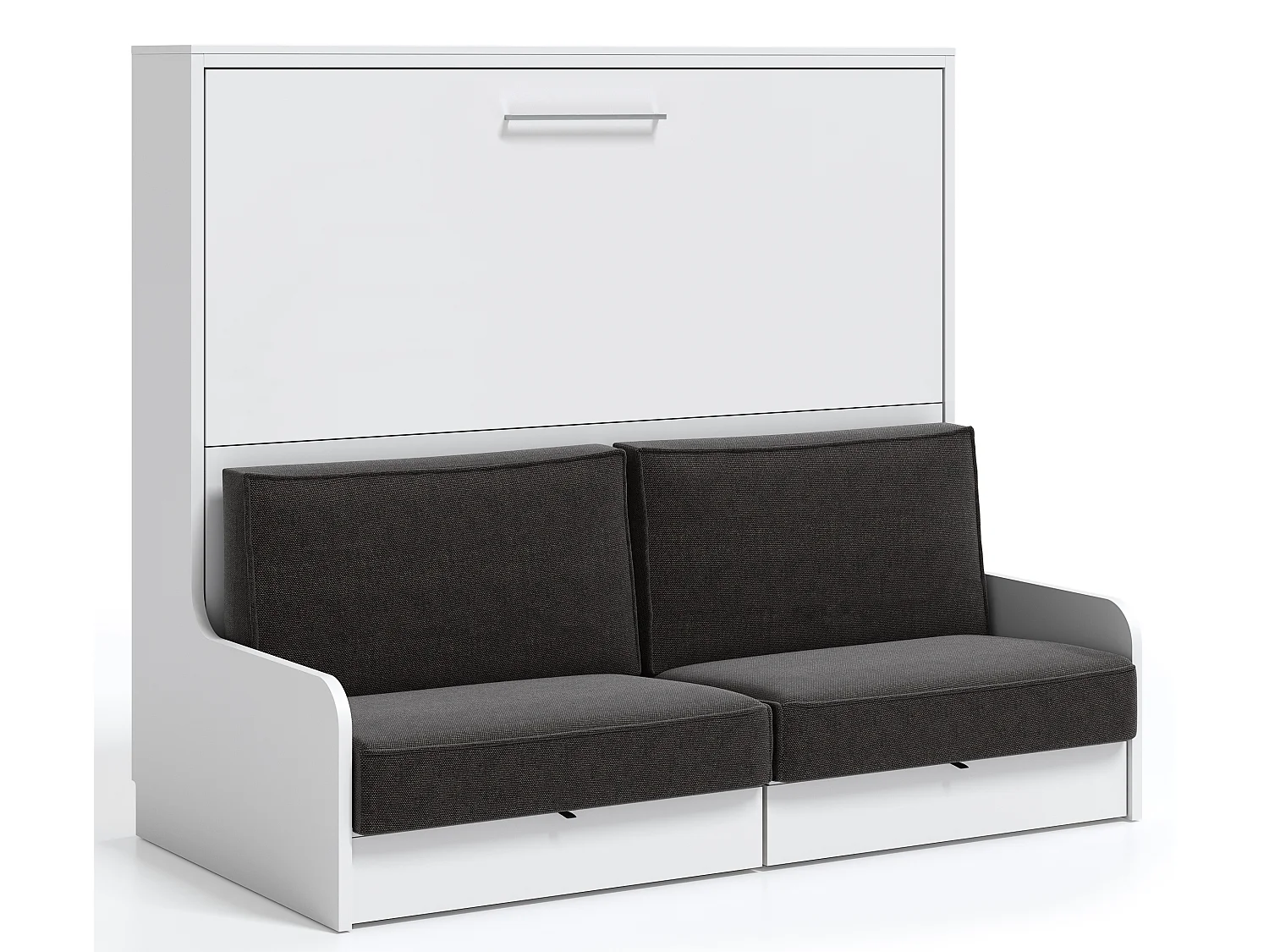 Lit escamotable autoporteur horizontal avec banquette et coffre KALIAN-Avec matelas-120x190-Cadre Blanc-Façade Blanche-Canapé Noir