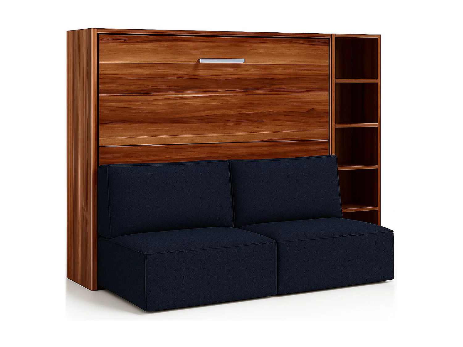 Cama abatible horizontal con banqueta LOGIA-140x200 cm-Sofá Azul marino-Estructura y fachada Nogal-Versión cama+sofá+estantería