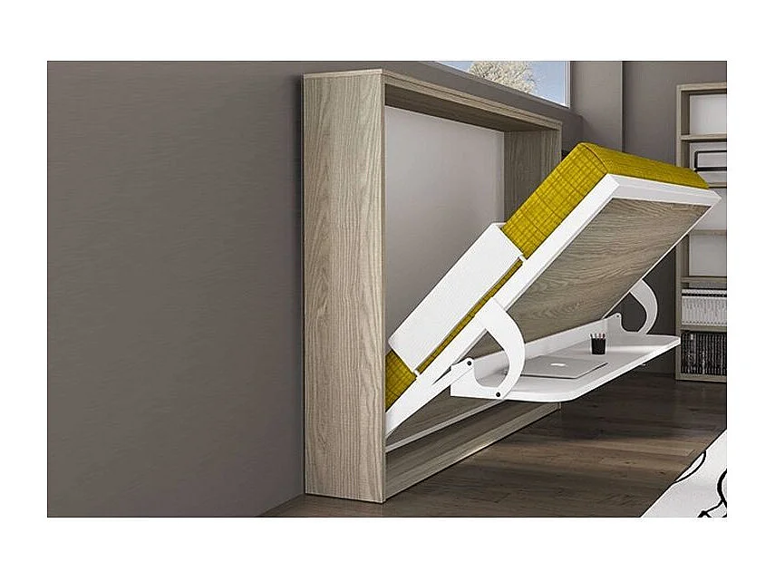 Lit escamotable horizontal 90x190 avec bureau Bona-Avec matelas-Cadre Gris ciment-Façade Gris ciment