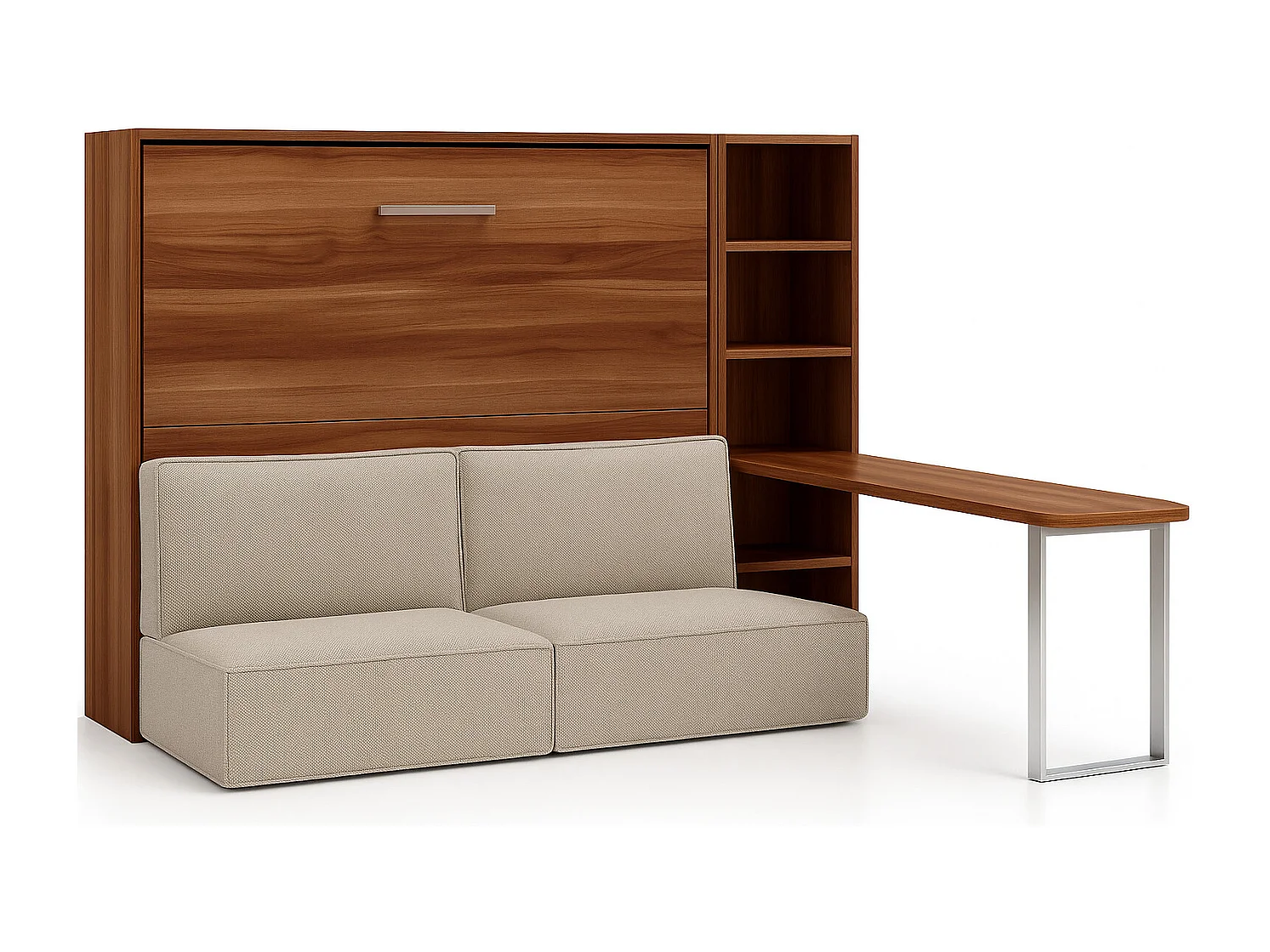 Lit escamotable horizontal LOGIA-140x200-Canapé Beige-Structure Noyer-Version lit+canapé+étagère+bureau