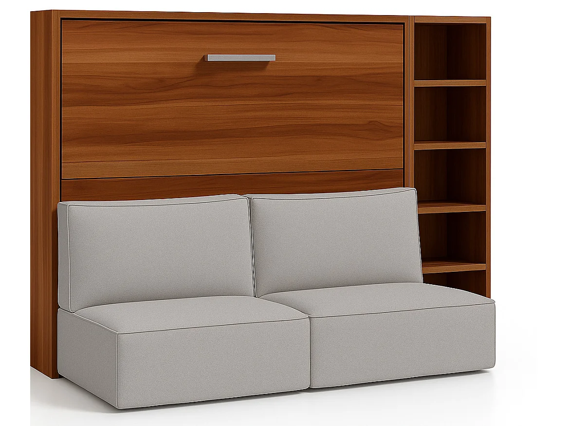 Cama abatible horizontal con banqueta LOGIA-120x200 cm-Sofá Gris claro-Estructura y fachada Nogal-Versión cama+sofá+estantería