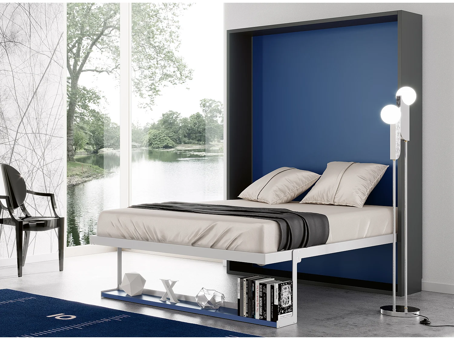 Lit escamotable vertical 90x190 avec étagère Habitat-Avec matelas-Cadre Gris ciment-Façade Gris ciment
