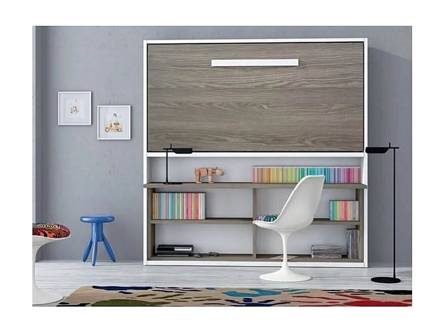 Lit escamotable horizontal 80x190 avec rangement et bureau Laura-Avec matelas-Cadre Noyer-Façade Noyer