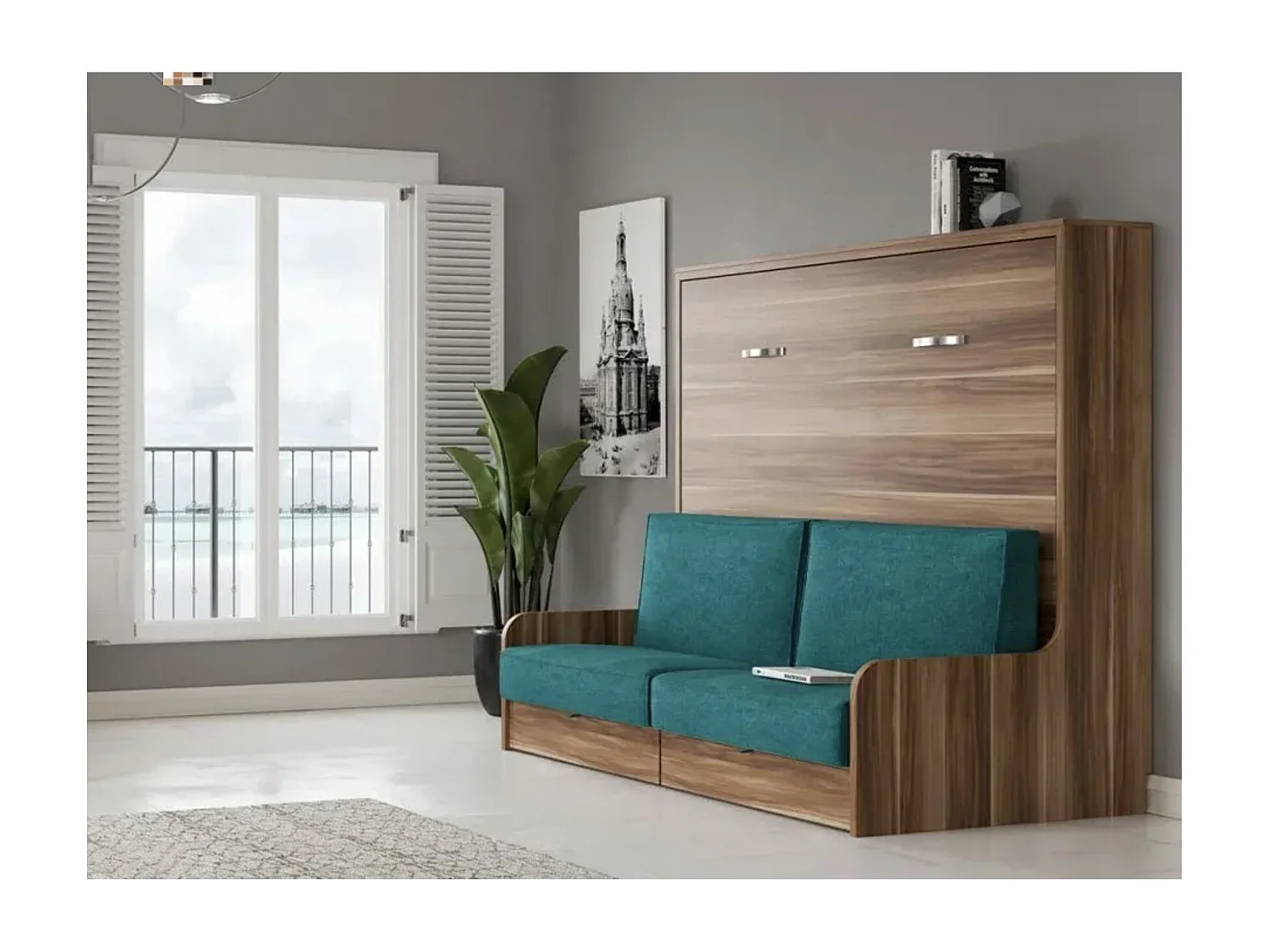 Lit escamotable autoporteur horizontal avec banquette et coffre KALIAN-140x190-Cadre Blanc-Façade Blanche-Canapé Noir