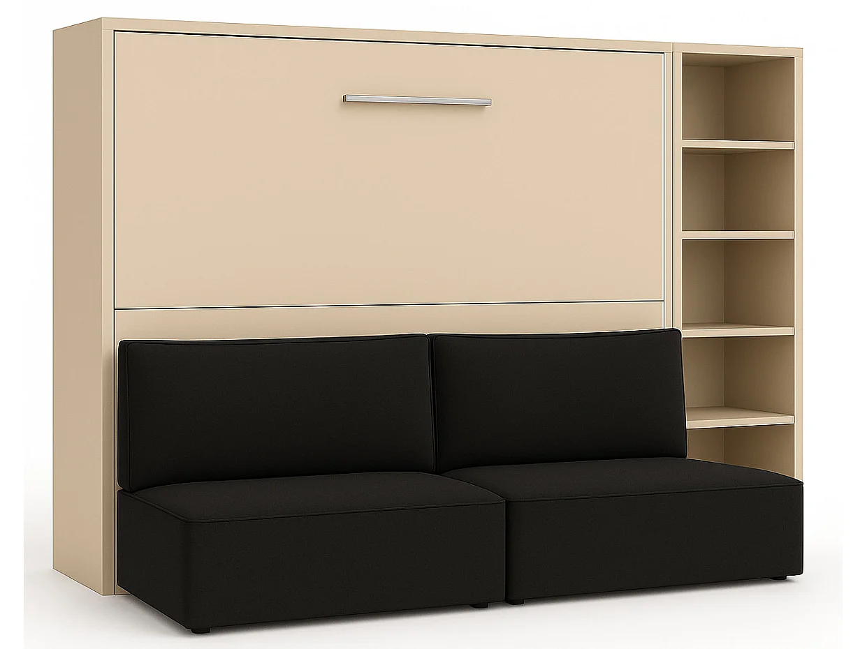 Cama abatible horizontal con banqueta LOGIA-160x200 cm-Sofá Negro-Estructura y fachada Visón 3D-Versión cama+sofá+estantería