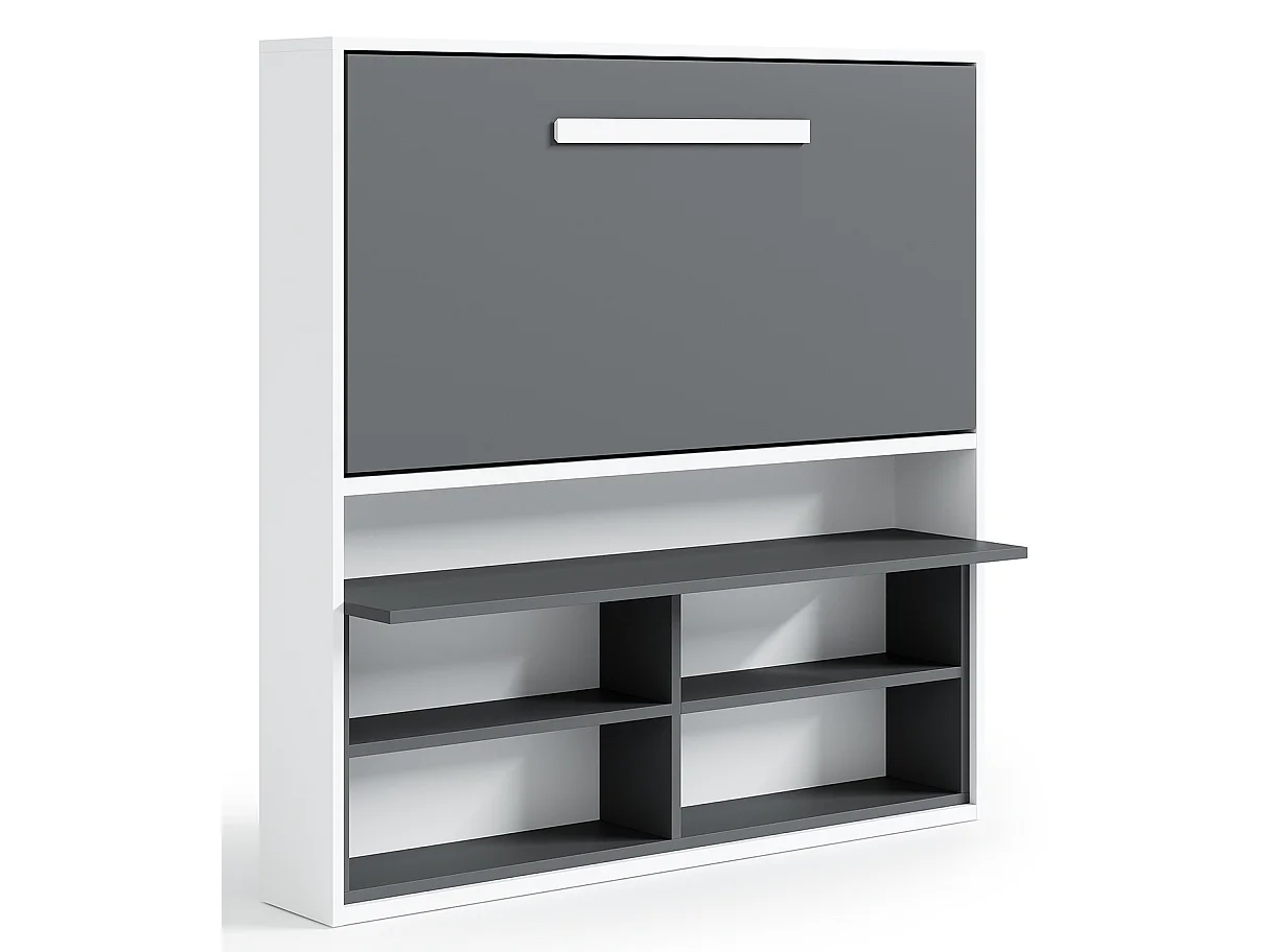 Lit escamotable horizontal 90x190 avec rangement et bureau Laura-Cadre Gris ciment-Façade Gris ciment