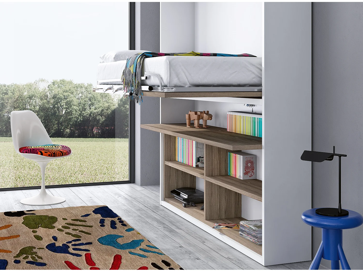 Lit escamotable horizontal 90x190 avec rangement et bureau Laura-Cadre Gris ciment-Façade Gris ciment