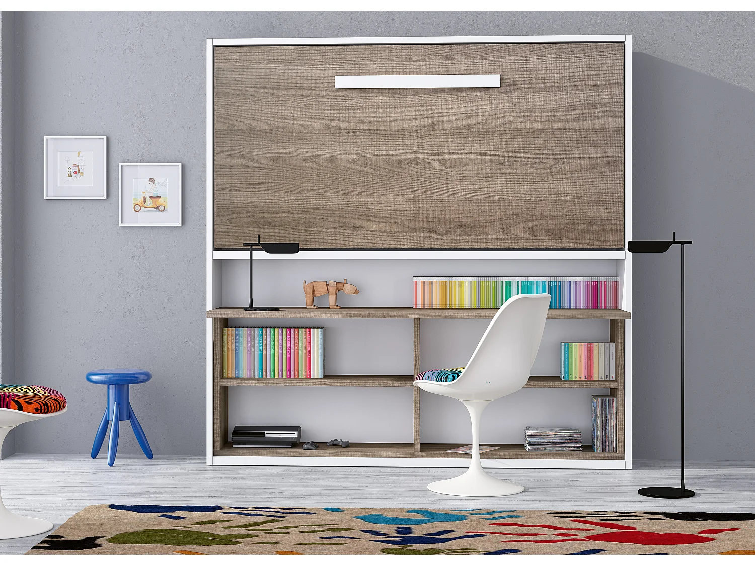Lit escamotable horizontal 90x190 avec rangement et bureau Laura-Cadre Gris ciment-Façade Gris ciment