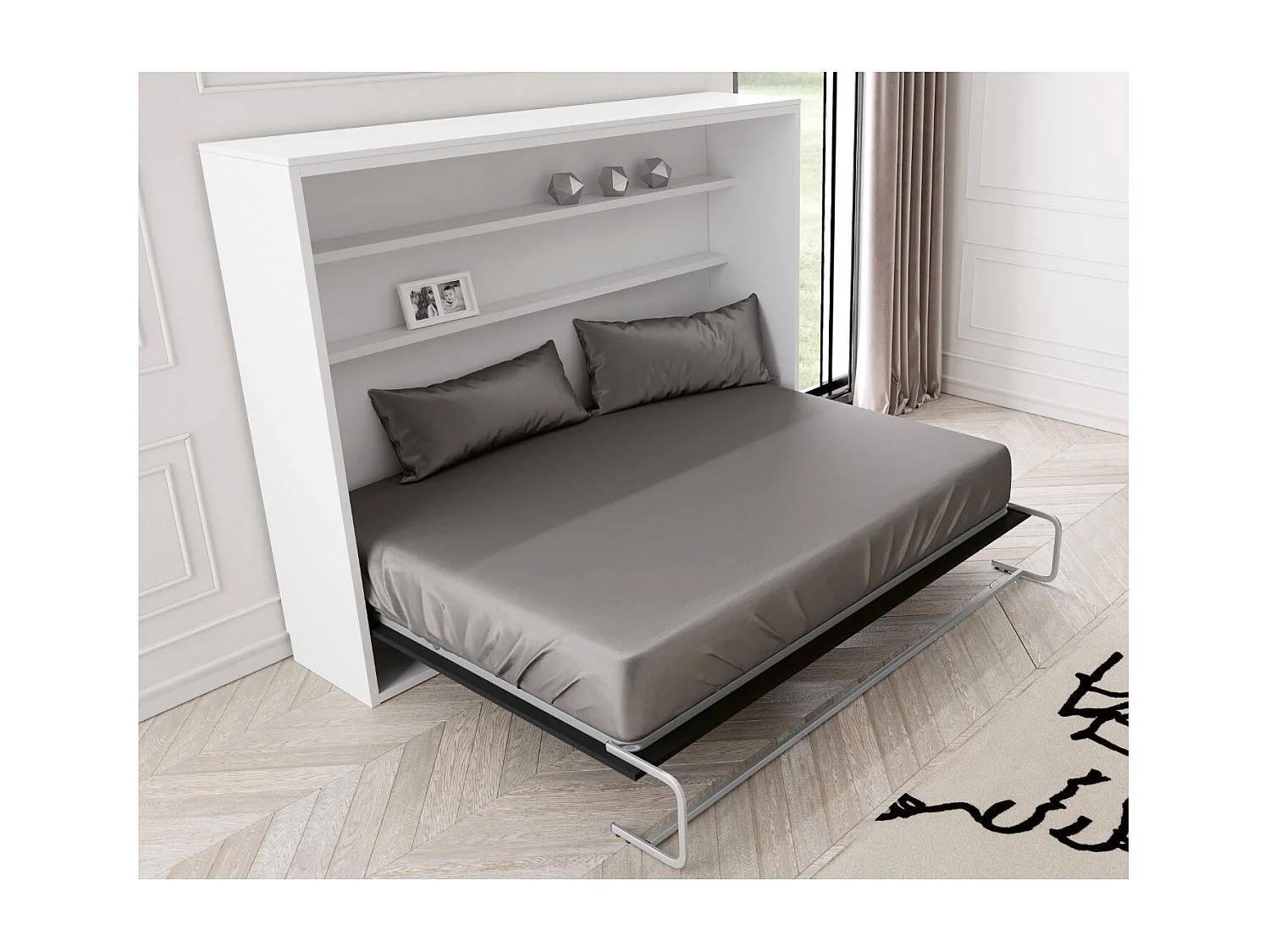 Cama abatible vertical Paola con estantes interiores-Con colchón-140x200 cm-Encofrado Blanco-Frente Blanche