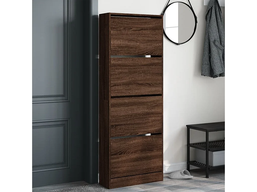 Armoire à chaussures en bois Livio L 60 x H 163cm – 4 porte rabattable-Noyer