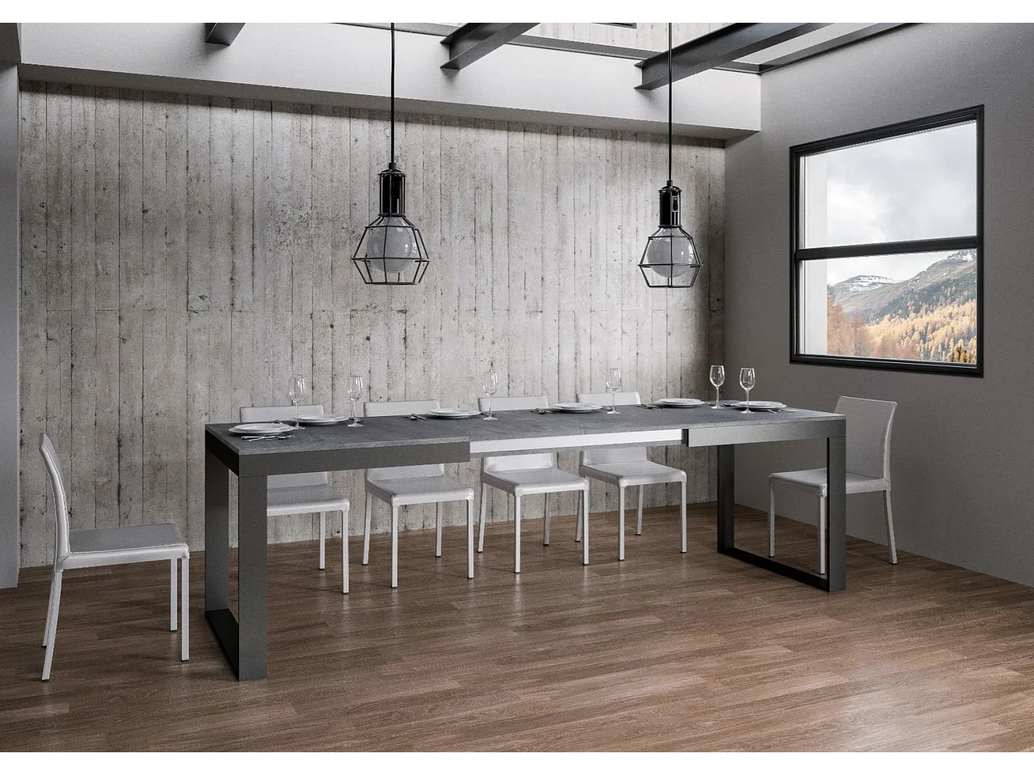 Table à manger extensible Tiroz evolution-Gris ciment-4 pieds-180 à 284 cm