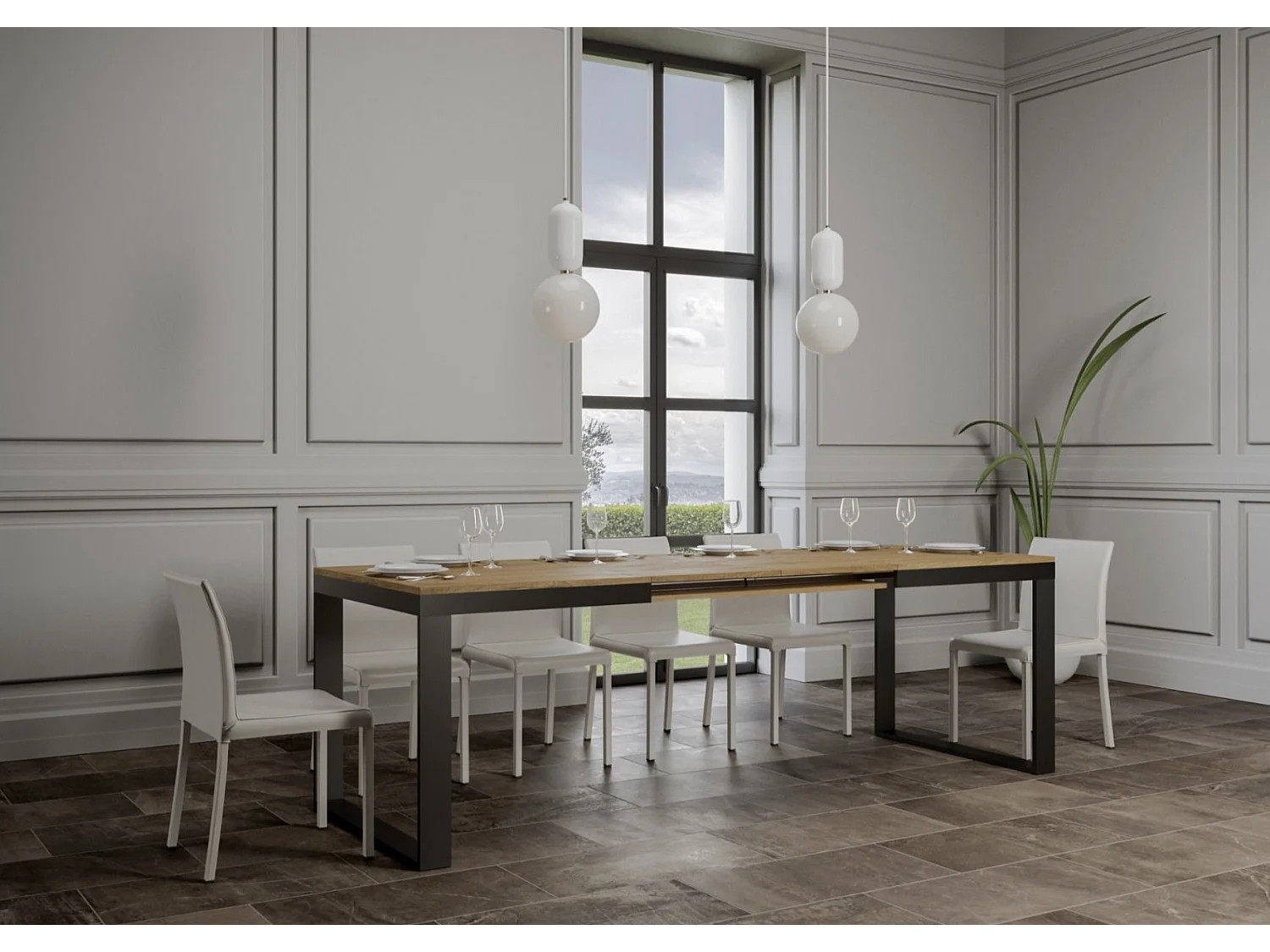 Table à manger extensible Tiroz evolution-Naturel-Sur roulettes-180 à 284 cm