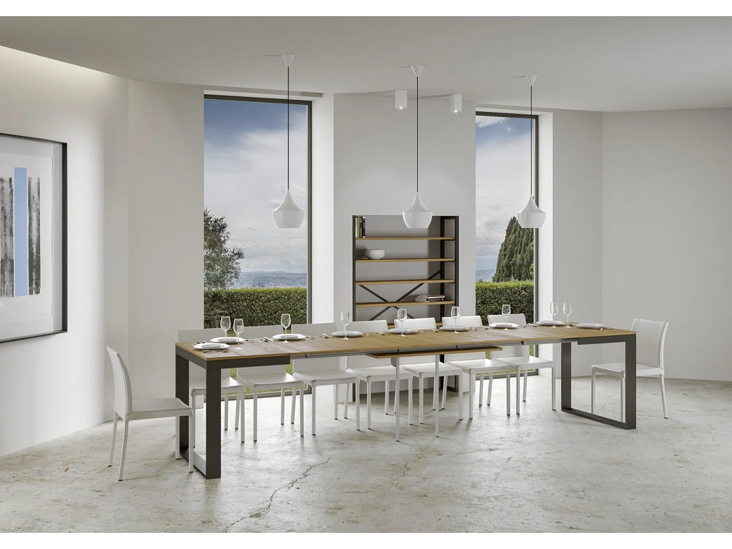 Table à manger extensible Tiroz evolution-Naturel-Sur roulettes-120 à 380 cm