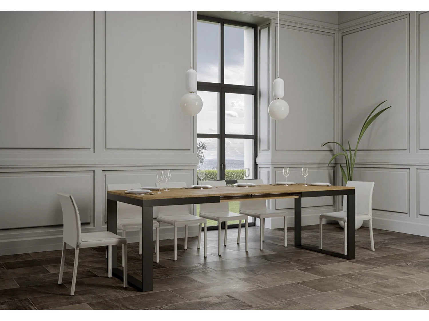 Table à manger extensible Tiroz evolution-Naturel-Sur roulettes-120 à 380 cm