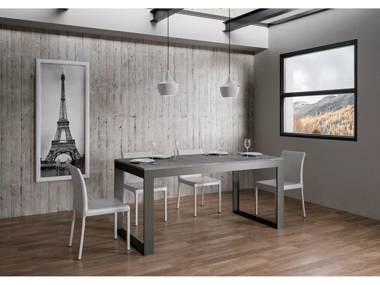 Table à manger extensible Tiroz evolution-Gris ciment-Sur roulettes-180 à 284 cm