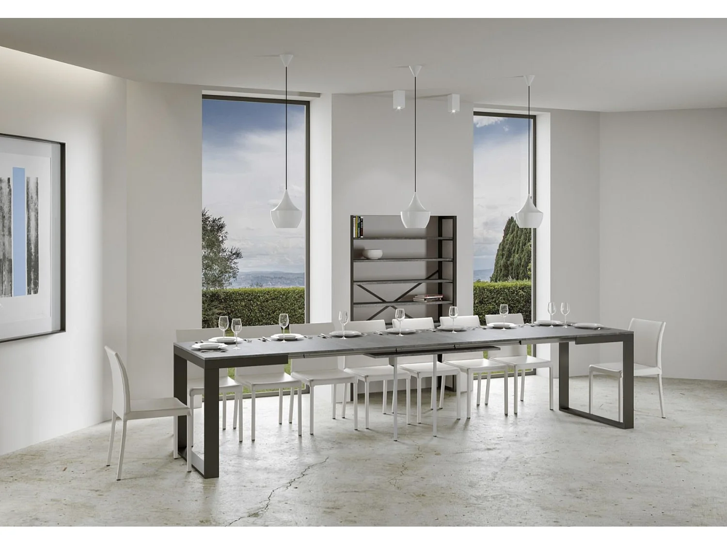 Table à manger extensible Tiroz evolution-Gris ciment-4 pieds-120 à 380 cm