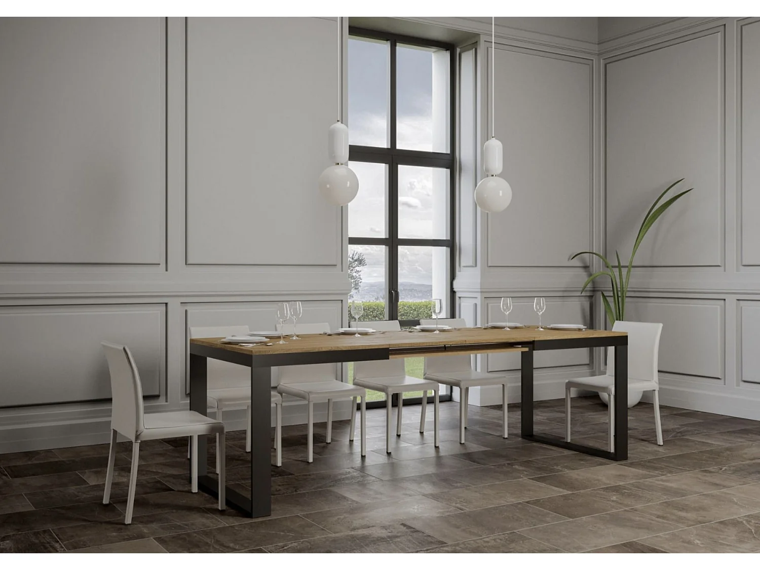 Table à manger extensible Tiroz evolution-Naturel-Sur roulettes-160 à 420 cm