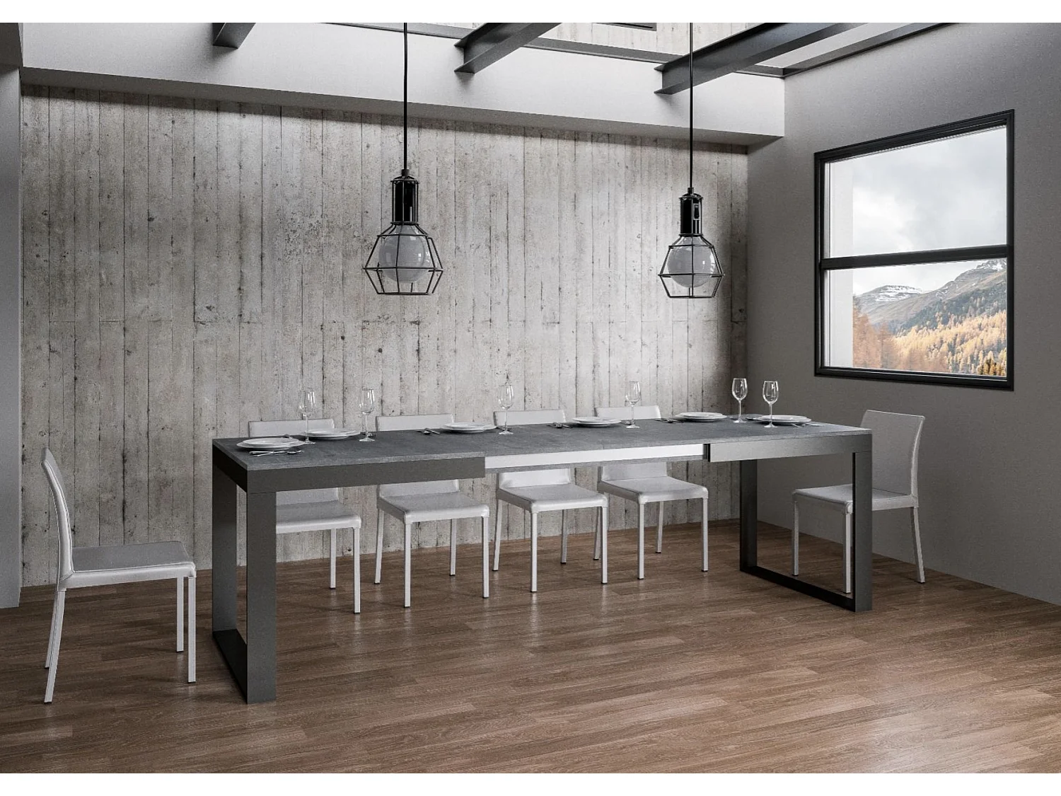 Table à manger extensible Tiroz evolution-Gris ciment-Sur roulettes-160 à 264 cm