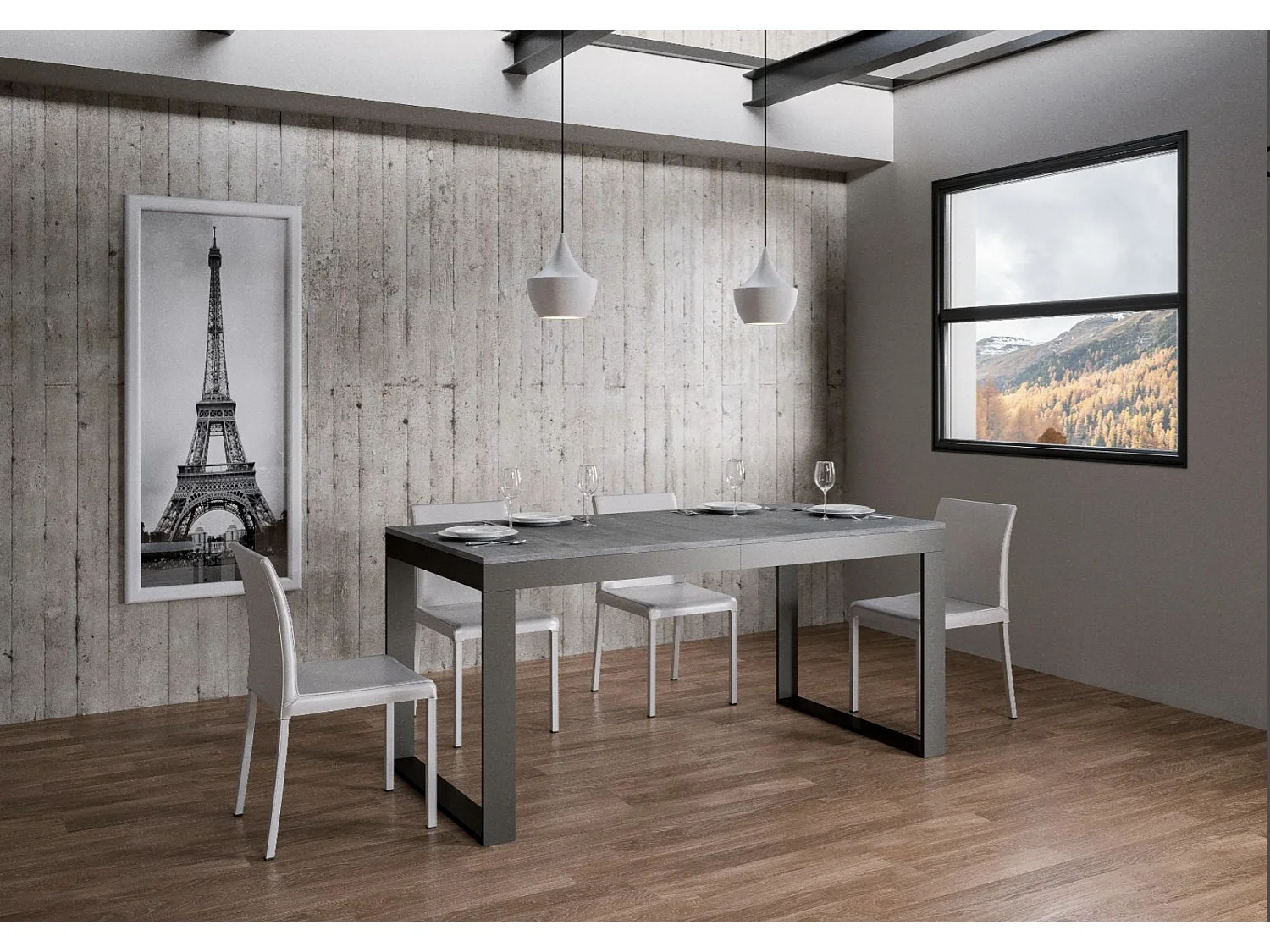 Table à manger extensible Tiroz evolution-Gris ciment-Sur roulettes-160 à 264 cm