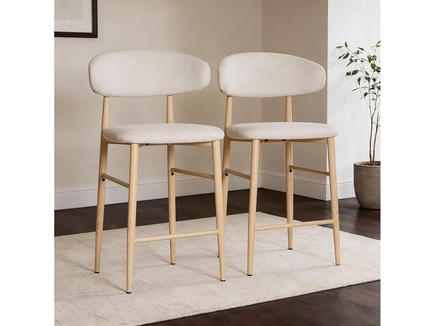 Lot de 2 tabourets de bar beige et métal effet bois clair SIMON - HAPPY GARDEN
