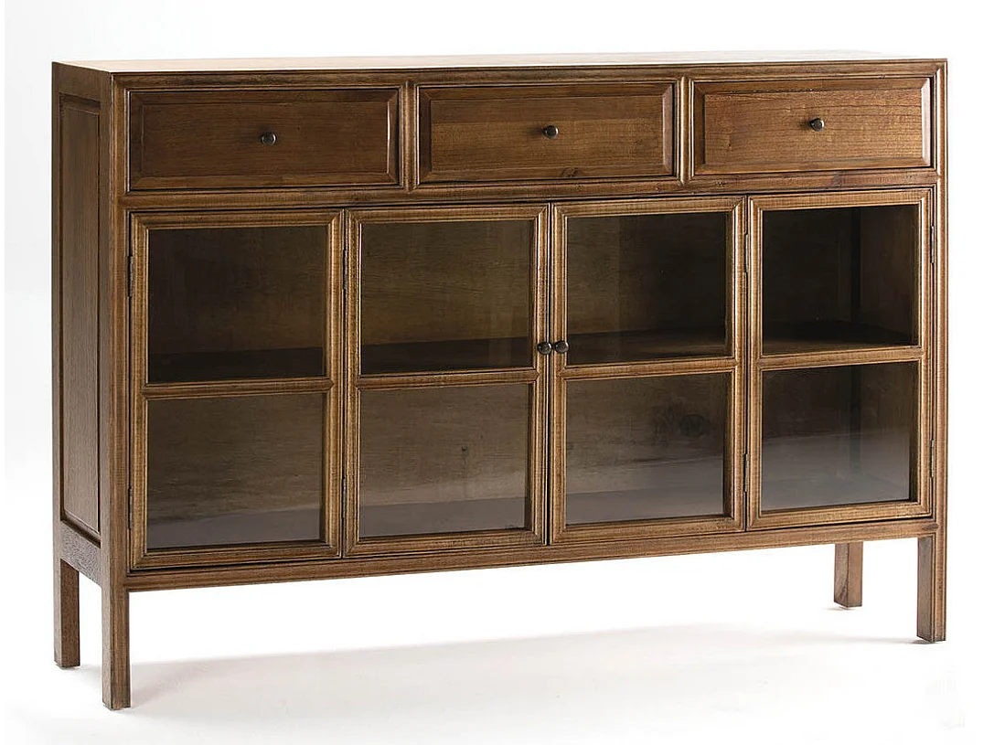 Buffet 2 portes vitrées 3 tiroirs bois massif foncé