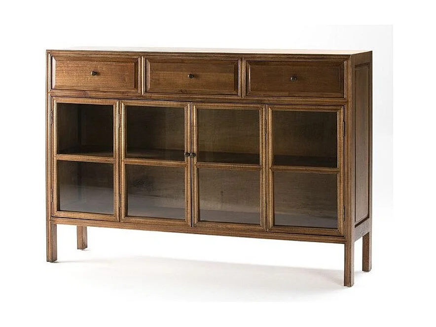 Buffet 2 portes vitrées 3 tiroirs bois massif foncé