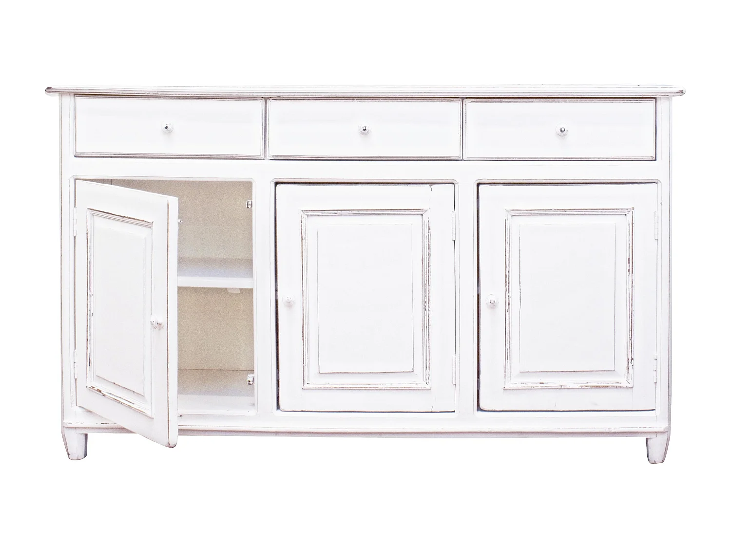 Buffet 3 portes 3 tiroirs KOLITA 150cm – Bois massif blanc patiné