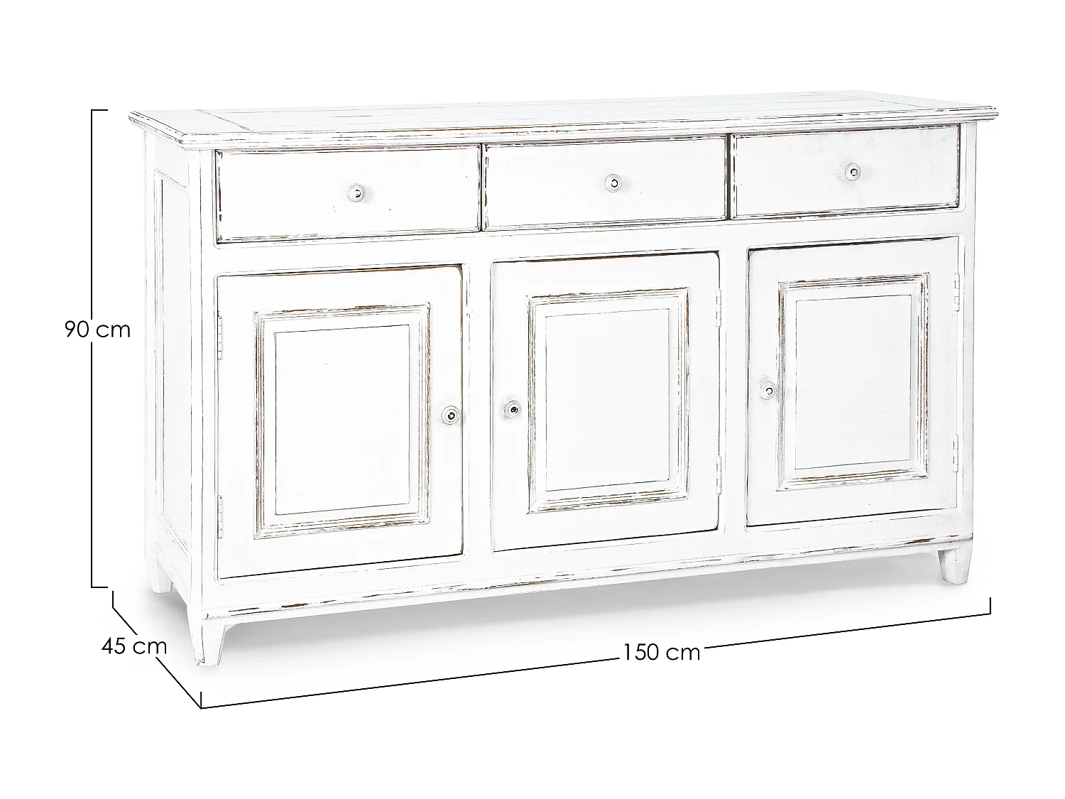 Buffet 3 portes 3 tiroirs KOLITA 150cm – Bois massif blanc patiné