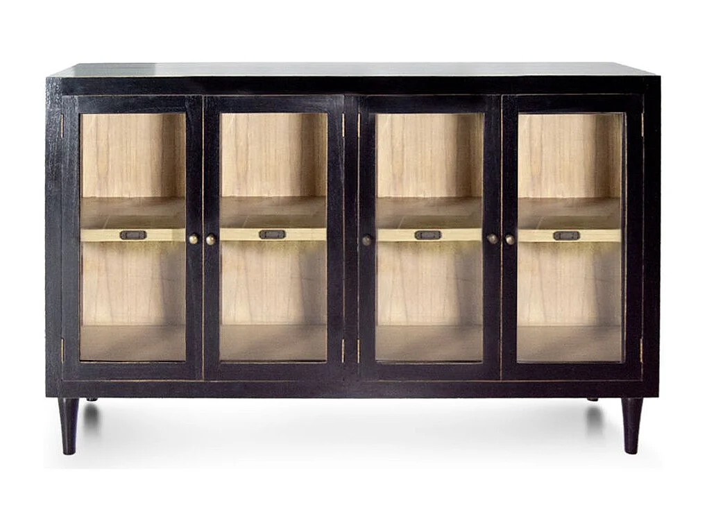 Buffet en bois massif noir 4 portes vitrées Forka 140cm