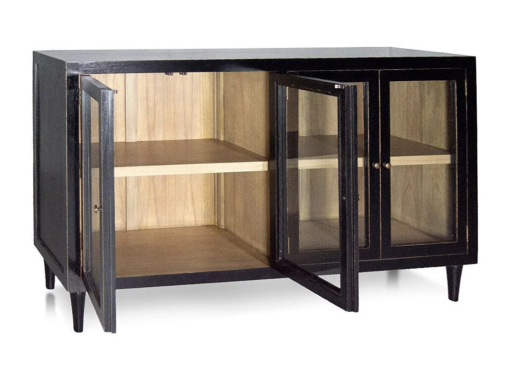 Buffet en bois massif noir 4 portes vitrées Forka 140cm